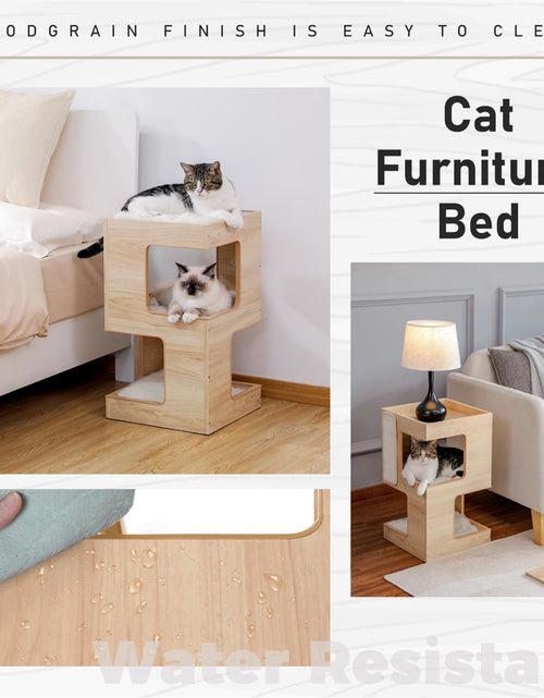 Load image into Gallery viewer, 23&quot; Wood Cat House Furniture for Indoor Cats, Modern Cat Tree Tower Bed with Free Cat Toy, Scratching Pad and Removable Soft Mats, Small Cat Condo, Brown
