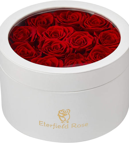 12 Preserved Rose in a Box Real Roses That Last a Year Preserved Flowers for Delivery Prime Gift for Her Valentines Day Mother Day (Red Roses, round White PU Leather Box)