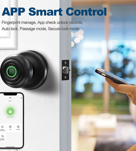 Smart Door Lock, Fingerprint Door Lock Smart Lock Biometric Door Lock Fingerprint Door Knob with App Control, Suitable for Bedrooms,Cloakroom,Apartments Offices,Hotels, Black