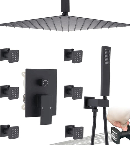 (NEW) Rain Shower Jet System Body Spray with On-Off Switch,  Matte Black 12Inch Ceiling Shower Faucet