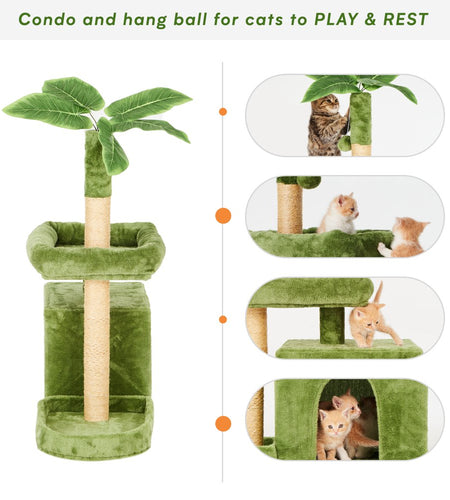 31.5" Cat Tree Cat Tower for Indoor Cats with Green Leaves, Cat Condo Cozy Plush Cat House with Hang Ball and Leaf Shape Design, Cat Furniture Pet House with Cat Scratching Posts,Beige