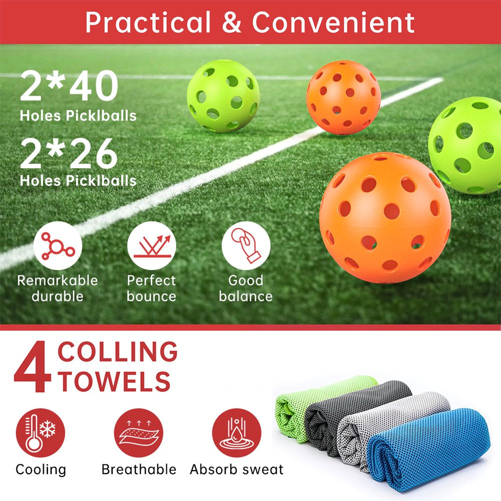 Pickleball Paddles, Pickle Ball Set with 2 Premium Wood Pickleball Paddles USAPA Approved, 4 Cooling Towels & Carring Bag, Ergonomic Cushion Grip, 2 Outdoor Balls 2 Indoor Balls for Men Women, Red