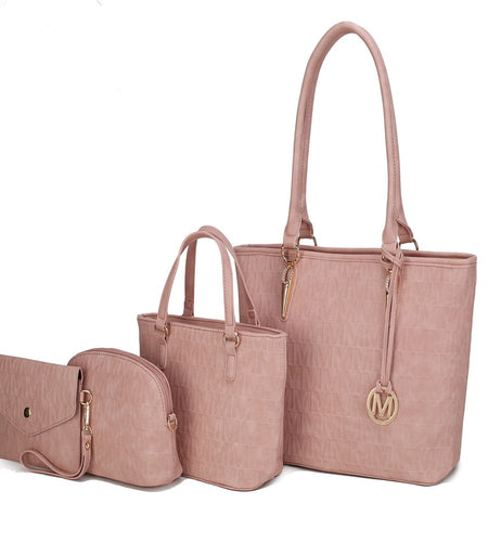 Vegan Leather Women'S Tote Bag, Small Tote Handbag, Pouch Purse & Wristlet Wallet Bag 4 Pcs Set by Mia K - Rose Pink