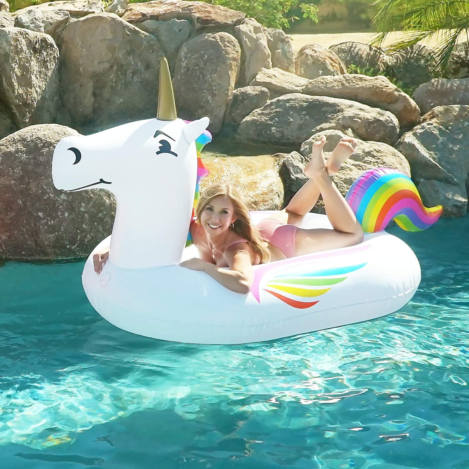 Giant Inflatable Pool Floats - Choose Unicorn, Dragon, Flamingo, Swan, or Bull - Includes Drink Float