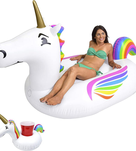 Giant Inflatable Pool Floats - Choose Unicorn, Dragon, Flamingo, Swan, or Bull - Includes Drink Float