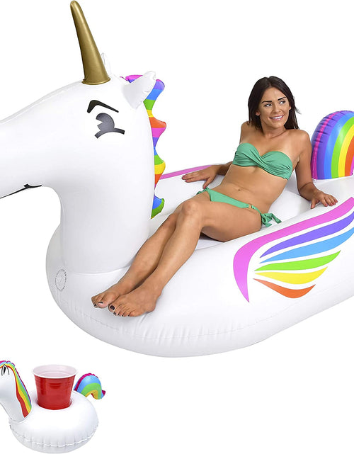 Load image into Gallery viewer, Giant Inflatable Pool Floats - Choose Unicorn, Dragon, Flamingo, Swan, or Bull - Includes Drink Float
