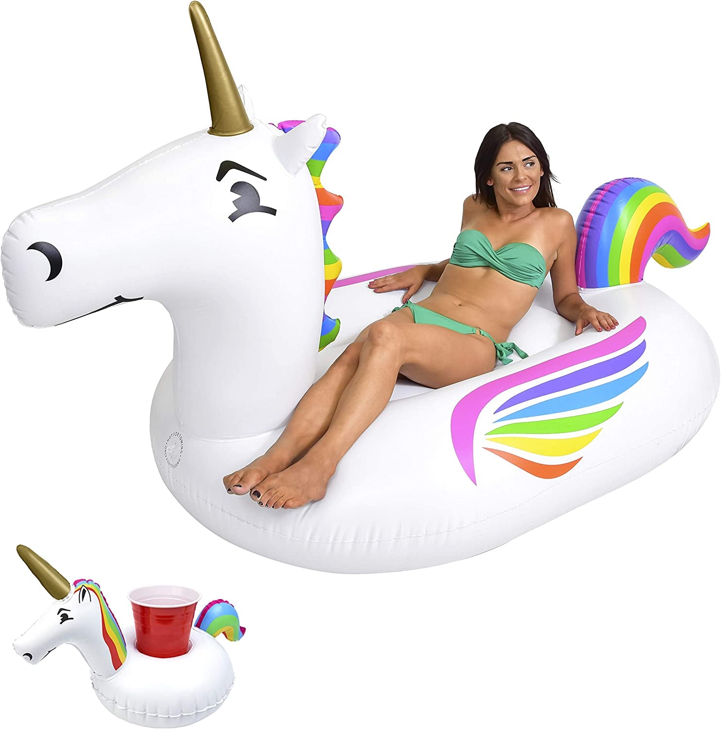 Giant Inflatable Pool Floats - Choose Unicorn, Dragon, Flamingo, Swan, or Bull - Includes Drink Float