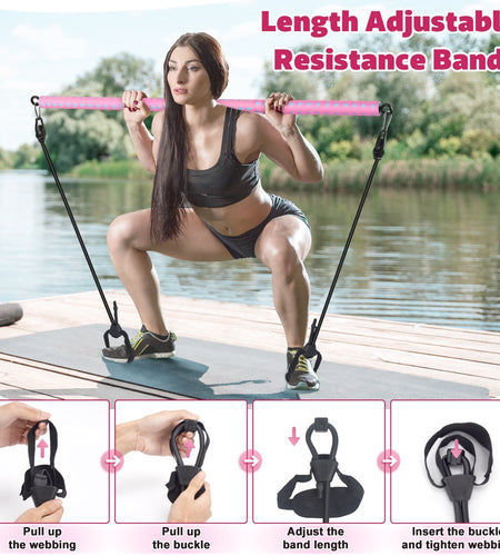 Adjustable Pilates Bar Kit with 4 Resistance Bands, Portable Pilates Bar Stick for Home Workout, Adjustable Pilate Bar for Gym Fitness