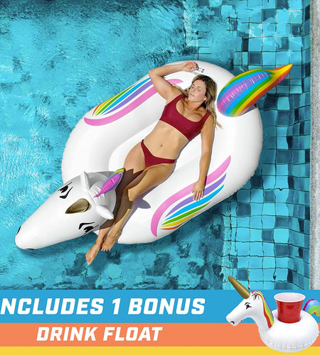 Giant Inflatable Pool Floats - Choose Unicorn, Dragon, Flamingo, Swan, or Bull - Includes Drink Float