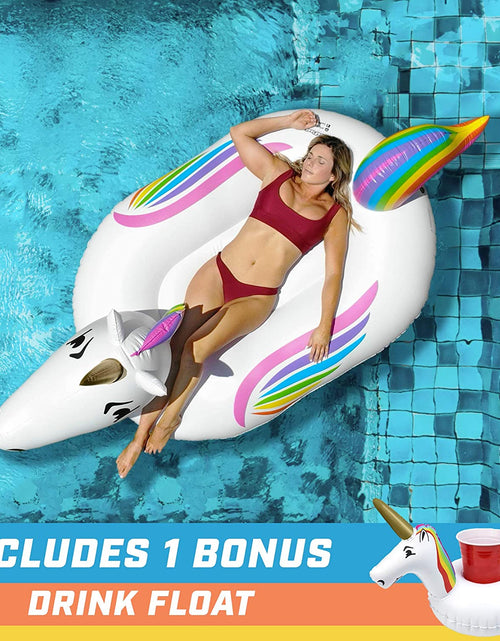 Load image into Gallery viewer, Giant Inflatable Pool Floats - Choose Unicorn, Dragon, Flamingo, Swan, or Bull - Includes Drink Float
