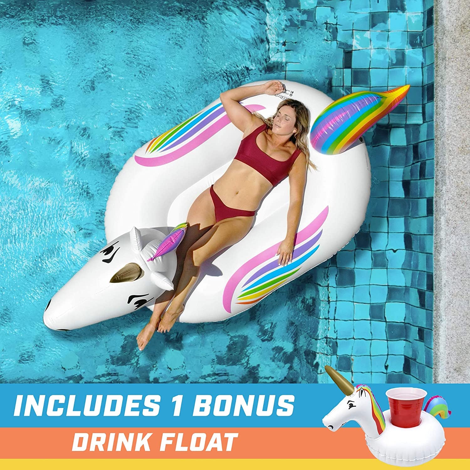 Giant Inflatable Pool Floats - Choose Unicorn, Dragon, Flamingo, Swan, or Bull - Includes Drink Float