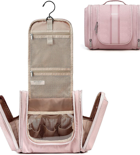 Toiletry Bag for Women, Travel Toiletry Organizer with Hanging Hook, Water-Resistant Cosmetic Makeup Bag Travel Organizer for Shampoo, Full-Size Container, Toiletries, Pink-Medium