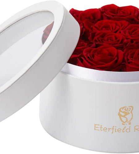 12 Preserved Rose in a Box Real Roses That Last a Year Preserved Flowers for Delivery Prime Gift for Her Valentines Day Mother Day (Red Roses, round White PU Leather Box)