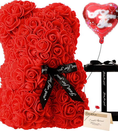Gifts for Women - Rose Flower Bear - Rose Bear ,Pure Handmade Rose Teddy Bear ,Gift for Mothers Day,Valentines Day, Anniversary and Bridal Showers,W/Clear Gift Box and Greeting Card (Red)