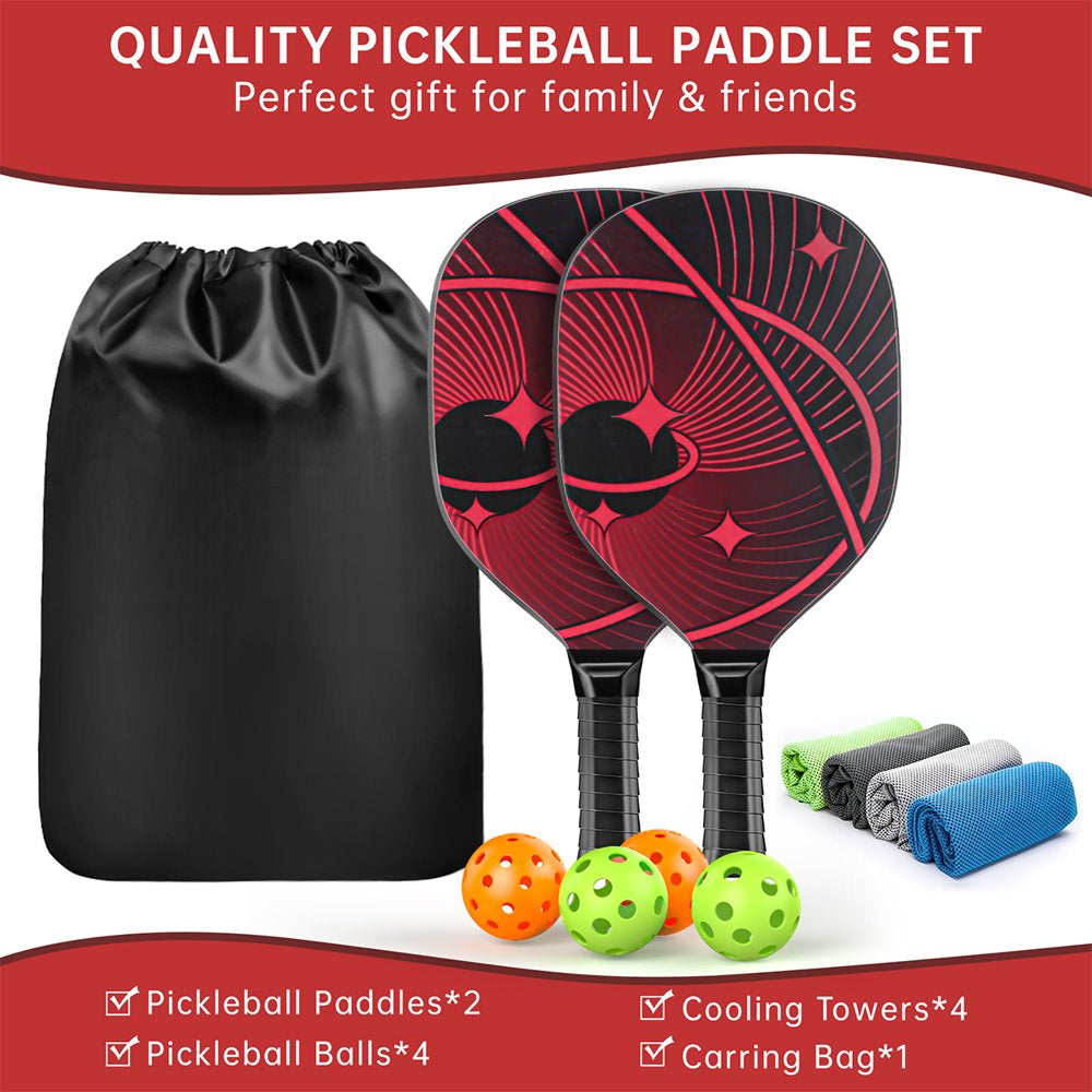 Pickleball Paddles, Pickle Ball Set with 2 Premium Wood Pickleball Paddles USAPA Approved, 4 Cooling Towels & Carring Bag, Ergonomic Cushion Grip, 2 Outdoor Balls 2 Indoor Balls for Men Women, Red