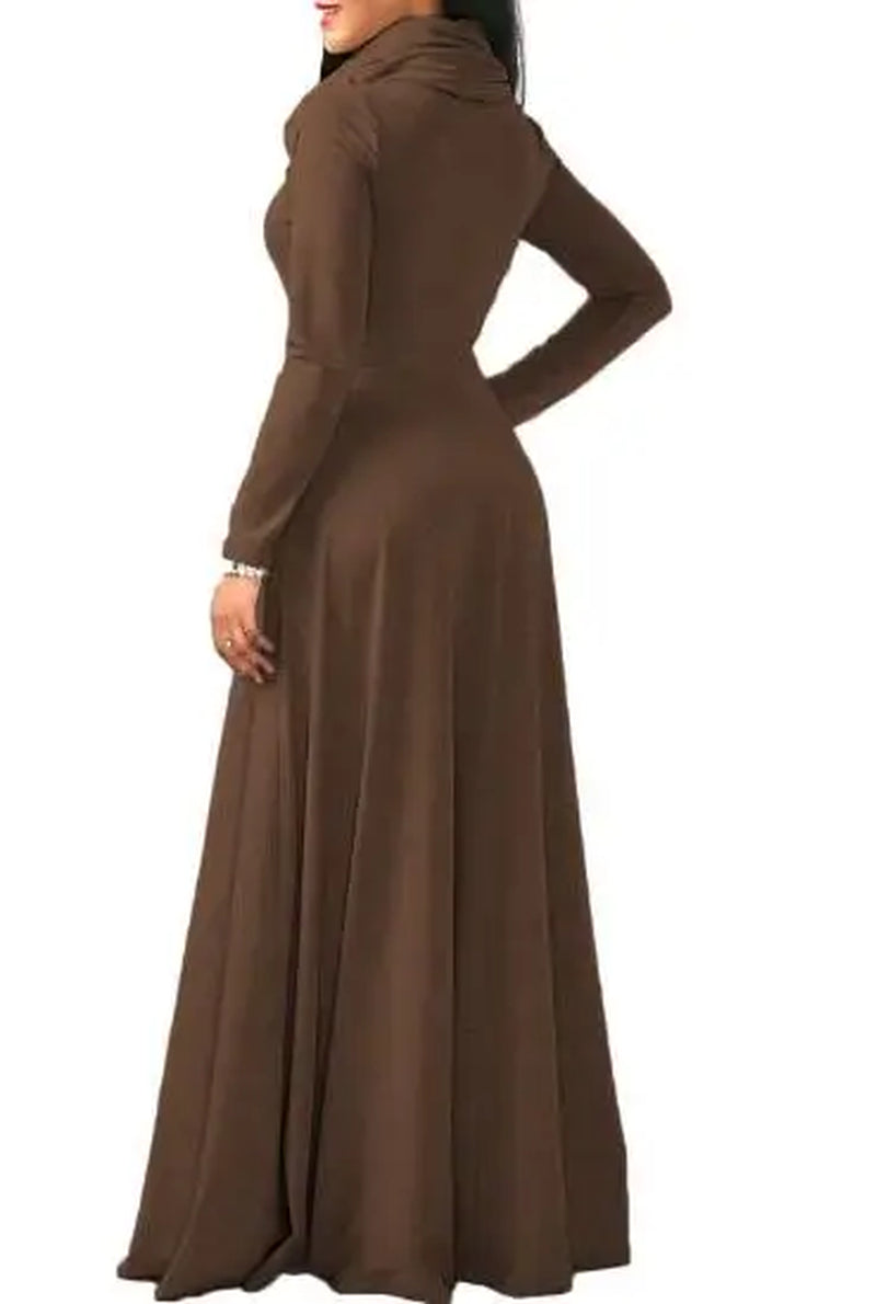 Autumn Winter Women Warm Scarf Neck Dress Casual Long Sleeve Vintage Pocket Maxi Dress Female Solid Long Dress