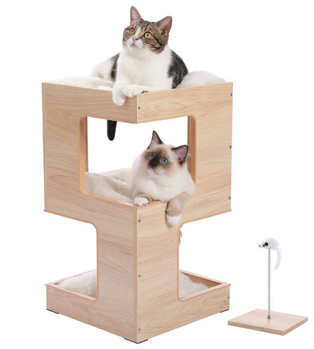 23" Wood Cat House Furniture for Indoor Cats, Modern Cat Tree Tower Bed with Free Cat Toy, Scratching Pad and Removable Soft Mats, Small Cat Condo, Brown
