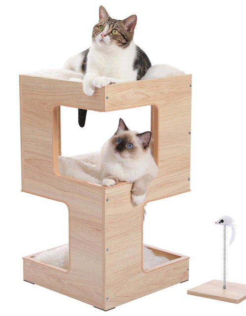 Load image into Gallery viewer, 23&quot; Wood Cat House Furniture for Indoor Cats, Modern Cat Tree Tower Bed with Free Cat Toy, Scratching Pad and Removable Soft Mats, Small Cat Condo, Brown
