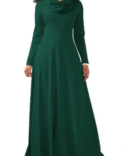 Autumn Winter Women Warm Scarf Neck Dress Casual Long Sleeve Vintage Pocket Maxi Dress Female Solid Long Dress