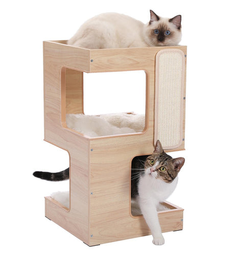 23" Wood Cat House Furniture for Indoor Cats, Modern Cat Tree Tower Bed with Free Cat Toy, Scratching Pad and Removable Soft Mats, Small Cat Condo, Brown