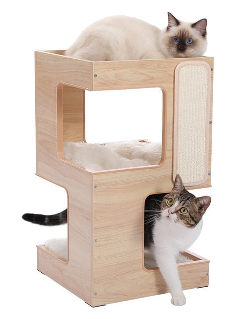 Load image into Gallery viewer, 23&quot; Wood Cat House Furniture for Indoor Cats, Modern Cat Tree Tower Bed with Free Cat Toy, Scratching Pad and Removable Soft Mats, Small Cat Condo, Brown
