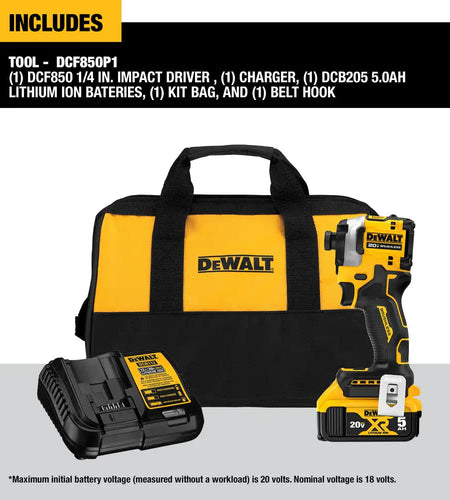 ATOMIC 20V MAX Lithium-Ion Cordless 1/4 In. Brushless Impact Driver Kit, 5 Ah Battery, Charger, and Bag