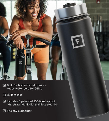 Sports Water Bottle - 22 Oz, 3 Lids (Straw Lid), Leak Proof, Vacuum Insulated Stainless Steel, Double Walled, Thermo Mug, Metal Canteen