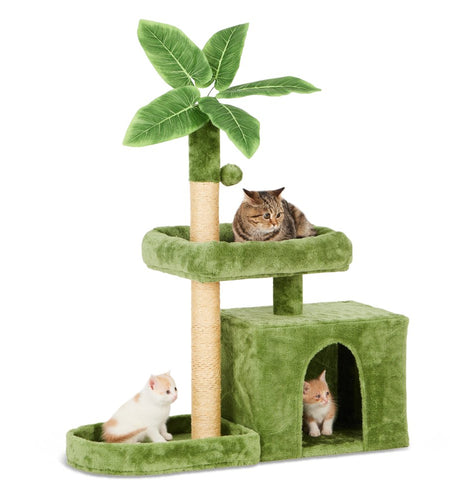 31.5" Cat Tree Cat Tower for Indoor Cats with Green Leaves, Cat Condo Cozy Plush Cat House with Hang Ball and Leaf Shape Design, Cat Furniture Pet House with Cat Scratching Posts,Beige