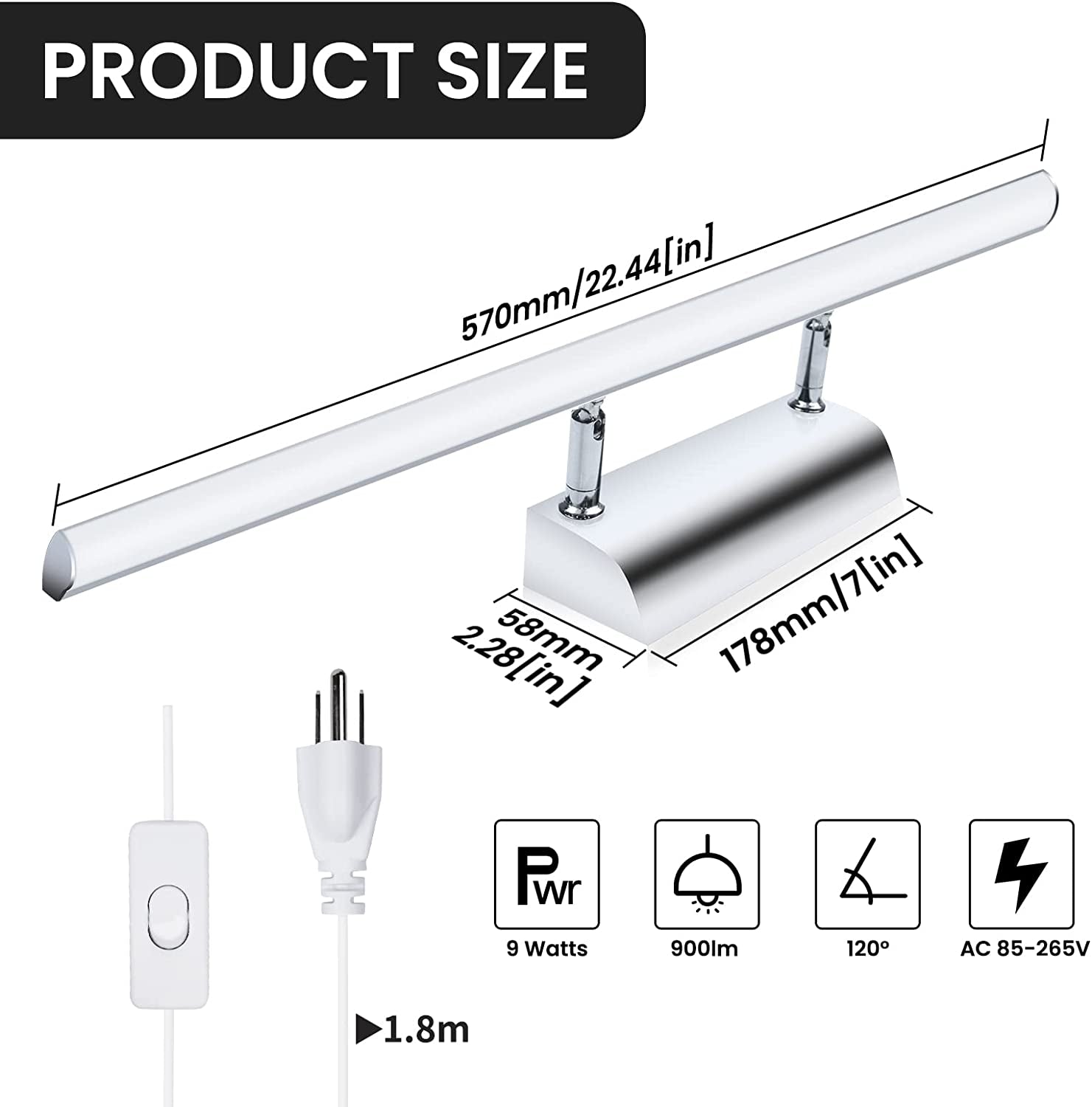 LED Bathroom Vanity Mirror Lighting - 22 Inch 9W Long Shade Modern Makeup Mirror Lamp with US On/Off Plug for Dressing Room, Cabinet Mirror Lighting, Wall Sconce Lighting, Daylight 6000K