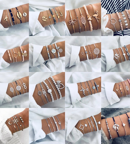 Bohemian Bracelet Set for Women Shell Star Map Pineapple Heart Natural Stone Beads Chains Bangle Boho Jewelry