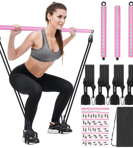 Adjustable Pilates Bar Kit with 4 Resistance Bands, Portable Pilates Bar Stick for Home Workout, Adjustable Pilate Bar for Gym Fitness